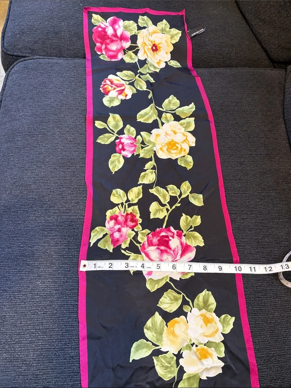 Jones New York Black Floral Silk Scarf with Pink Trim
